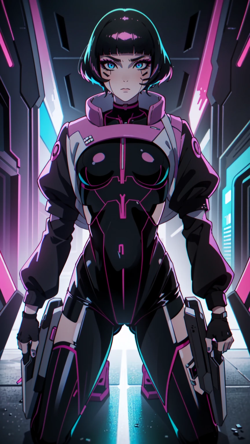 Create an illustration of Sasha from Cyberpunk: Edgerunners. She is a young netrunner with a slender and agile physique, reflecting her hacker lifestyle. Her hair is short, (black hair), messy, and brightly colored, often with neon highlights like electric blue or vibrant pink. Her (blue eyes) have a sharp, tech-enhanced glow, hinting at cybernetic implants. Sasha wears a sleek, tactical bodysuit designed for mobility and stealth, primarily in shades of black and dark gray, accented with neon lines that pulse softly with her netrunning activity. Her gloves are fingerless, exposing cybernetic fingertips perfect for interfacing with technology. Completing her look are combat boots and a utility belt filled with small hacking tools and gadgets. The overall vibe is a mix of futuristic hacker aesthetic and street-smart edge, blending style and functionality. sitting, dinamic poses,