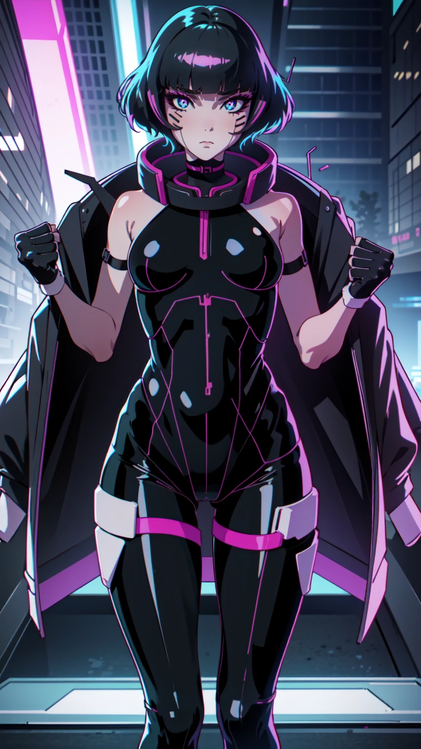 Create an illustration of Sasha from Cyberpunk: Edgerunners. She is a young netrunner with a slender and agile physique, reflecting her hacker lifestyle. Her hair is short, (black hair), messy, and brightly colored, often with neon highlights like electric blue or vibrant pink. Her (blue eyes) have a sharp, tech-enhanced glow, hinting at cybernetic implants. Sasha wears a sleek, tactical bodysuit designed for mobility and stealth, primarily in shades of black and dark gray, accented with neon lines that pulse softly with her netrunning activity. Her gloves are fingerless, exposing cybernetic fingertips perfect for interfacing with technology. Completing her look are combat boots and a utility belt filled with small hacking tools and gadgets. The overall vibe is a mix of futuristic hacker aesthetic and street-smart edge, blending style and functionality. sitting, dinamic poses,