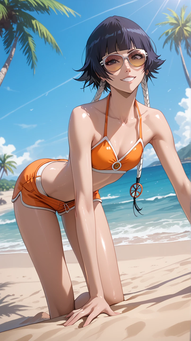 Soi fon from bleach, beach, sand, palm tree, sunlight, shiny skin,  Posing for Photohooting like a model, Supermodel , small-medium perky chest,  sunglasses  ,cute Smile, orange bikini, removing shorts, bent over, using both hands to take off shorts