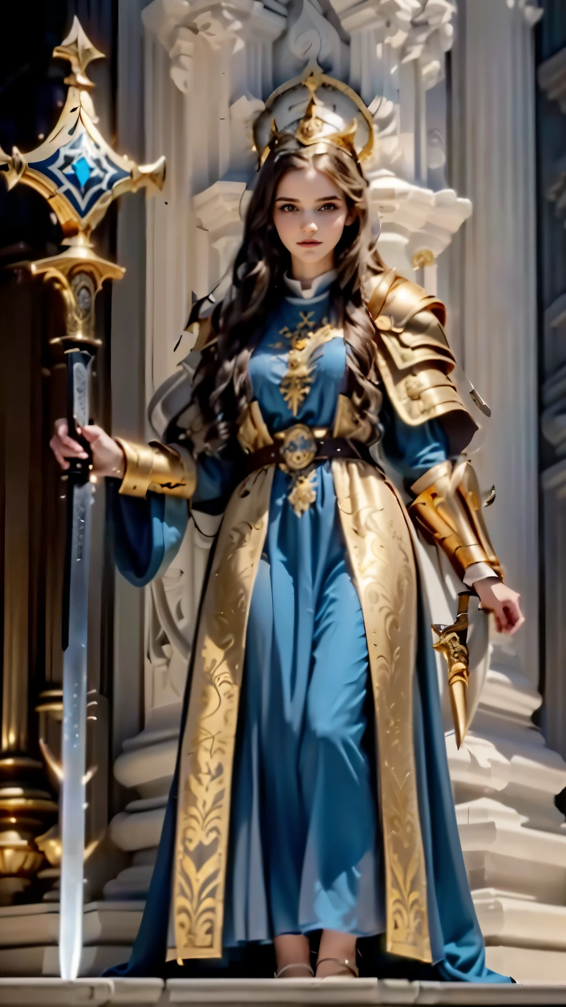 there is a woman in a blue dress holding a sword and a shield, gold clothing , female clergyman , gold-black uniform , Armadura preta e dourada, queen of the devil 4 , Female Wizard , Armadura preta e dourada, pretty female clergyman , image of female Paladin , portrait of a Female Wizard , golden robes , clergyman , golden technological robes , heavy obsidian gold armor , persephone , hermione_Granger_Emma_Watson-4400