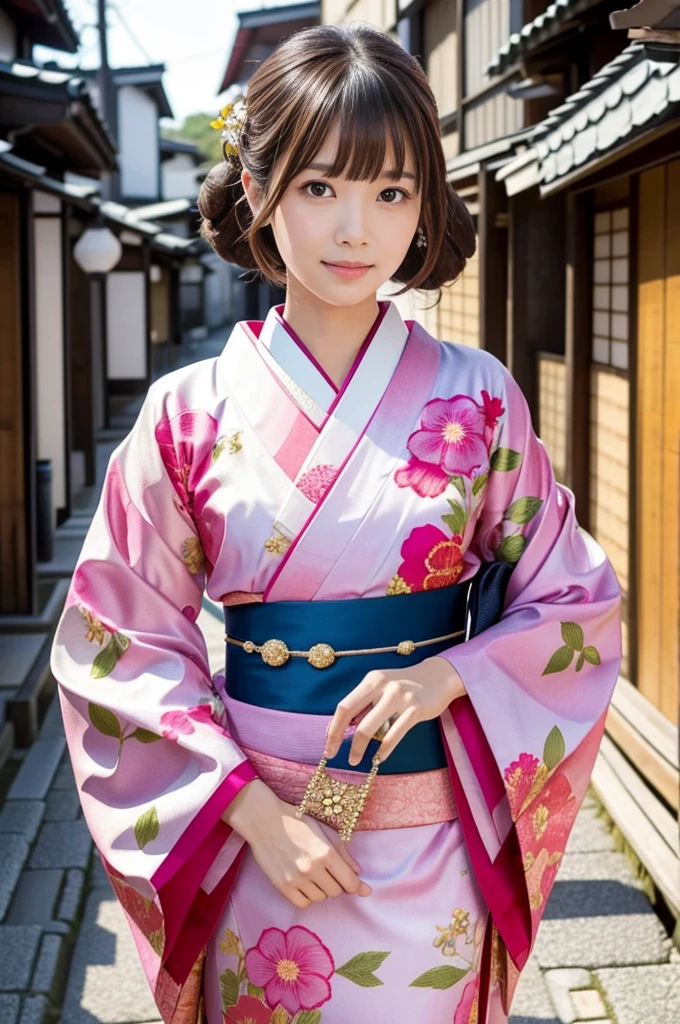 A beautiful Japanese woman wearing a pink floral   kimono. Her hair is elegantly tied up with floral ornaments, and her bangs are down. She stands in a narrow alley in Kyoto during daytime, surrounded by a festive New Year atmosphere. The   kimono features intricate floral patterns, and she has delicate features with brown eyes and brown hair. Her expression is serene and graceful.

one girl, (beautiful girl, delicate girl:1.3), (elegant appearance:1.3), break, (spring clothes:1.3), break, very fine eyes, (symmetrical eyes:1.3), break, perfectly shaped and anthropomorphically correct fingers, break, small breasts, brown eyes, (((shortcut))), straight bangs, brown hair, break, (eye and face details:1.0), break, (masterpiece, highest quality, super detailed), detailed face, 8k,   kimono, intricate patterns, floral design. high res, masterpiece, masterpiece, accurate,  anatomically correct ,  won lots of awards ,  top quality ,  high detail,  anatomically correct , 