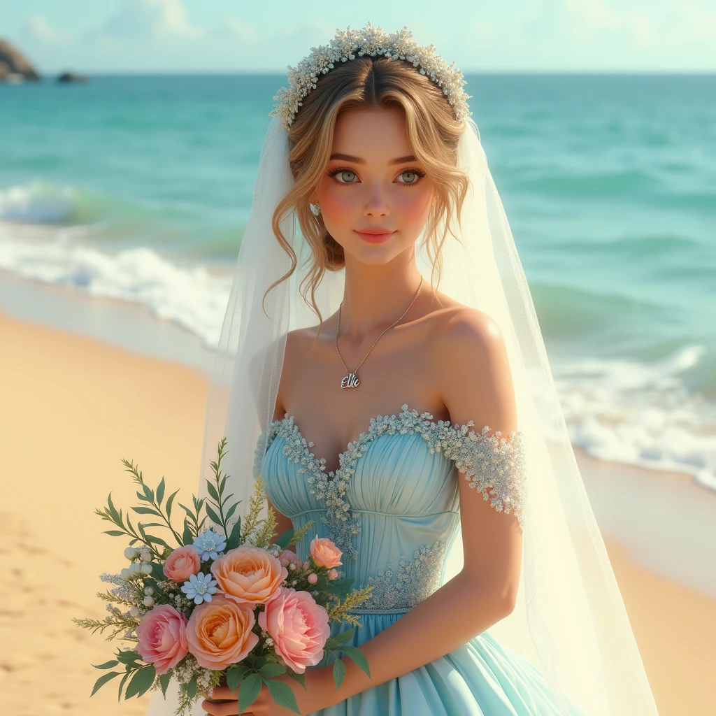 "Um casamento de conto de fadas com a Barby: um vestido de noiva deslumbrante (vestido de casamento:1.2), cabelo loiro longo (loira de cabelos longos), flawless makeup, local dos sonhos (Paradisiacal beach), stunning sunset (amazing sunset), romantic decoration (romantic decoration:1.1), bouquet of fresh flowers, felicidade pura (felicidade:1.2), todos os amigos e familiares reunidos (gathering of friends and family), amor verdadeiro. " --auto