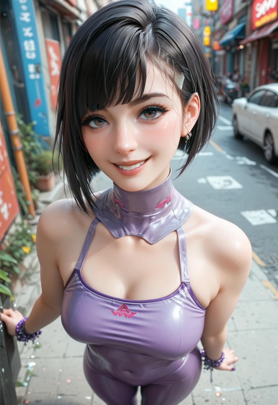     Cinematic Angles　Full body bust up from directly above 1 person girl 18 years old black hair short bob cut blush smile purple high neck swimsuit tights high cut shoes cyberpunk night view