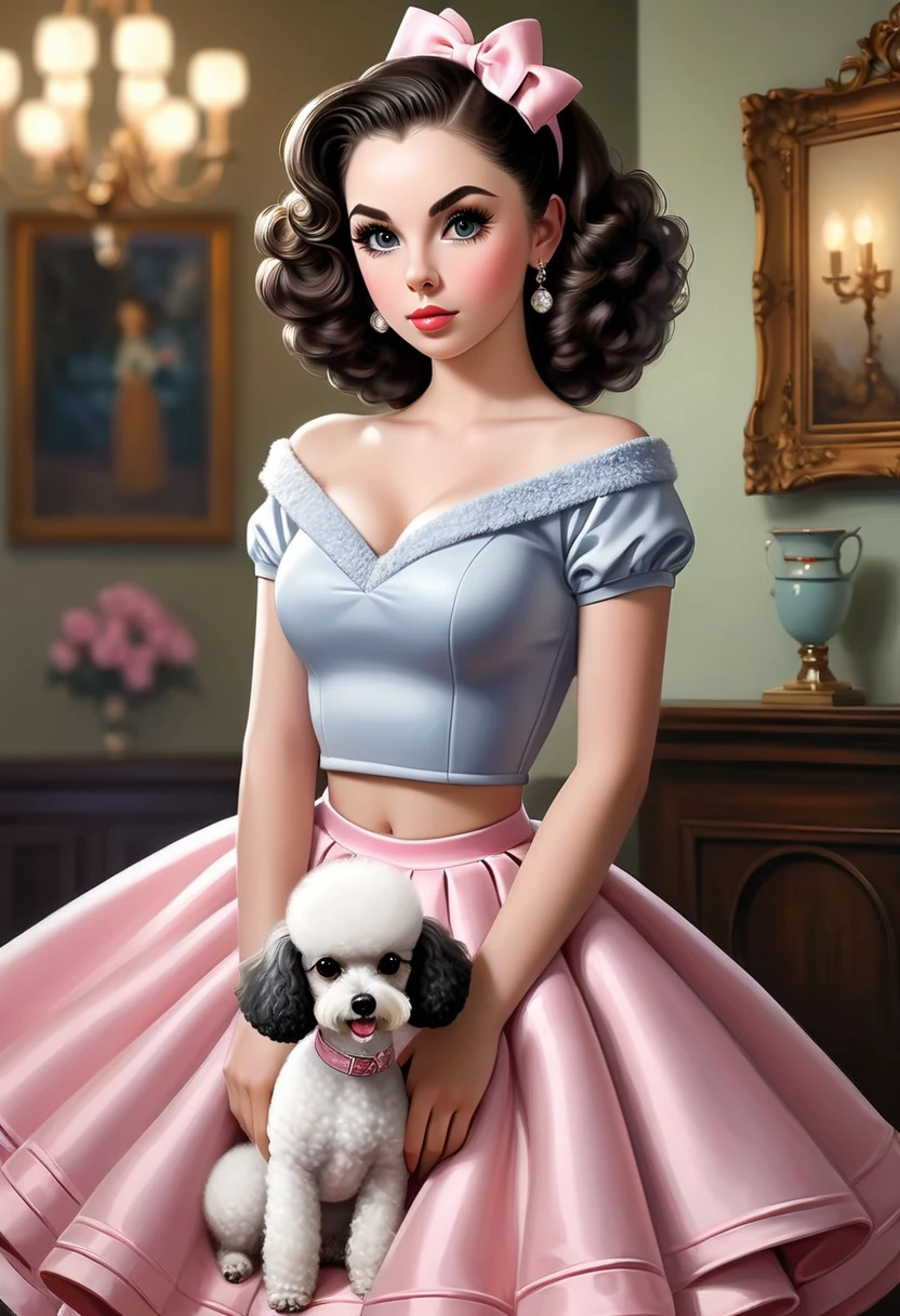 A Beautiful Women In A furry crop top, furry poodle skirt. Plush Lips. Large Doe Eyes. G-Cup. The Medium Used To Depict This Artwork Is Oil Painting, Ensuring A High-Quality And Detailed Result. The Painting Style Is Realistic And Photorealistic, With Vivid Colors And Sharp Focus. The Overall Lighting Is Well-Balanced, Illuminating The Scene Beautifully. Classy sophisticated, fashionable, posh, high society. McKayla Maroney
