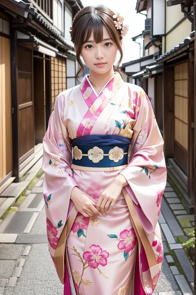 A beautiful Japanese woman wearing a pink floral   kimono. Her hair is elegantly tied up with floral ornaments, and her bangs are down. She stands in a narrow alley in Kyoto during daytime, surrounded by a festive New Year atmosphere. The   kimono features intricate floral patterns, and she has delicate features with brown eyes and brown hair. Her expression is serene and graceful.

one girl, (beautiful girl, delicate girl:1.3), (elegant appearance:1.3), break, (spring clothes:1.3), break, very fine eyes, (symmetrical eyes:1.3), break, perfectly shaped and anthropomorphically correct fingers, break, small breasts, brown eyes, (((shortcut))), straight bangs, brown hair, break, (eye and face details:1.0), break, (masterpiece, highest quality, super detailed), detailed face, 8k,   kimono, intricate patterns, floral design. high res, masterpiece, masterpiece, accurate,  anatomically correct ,  won lots of awards ,  top quality ,  high detail,  anatomically correct , 