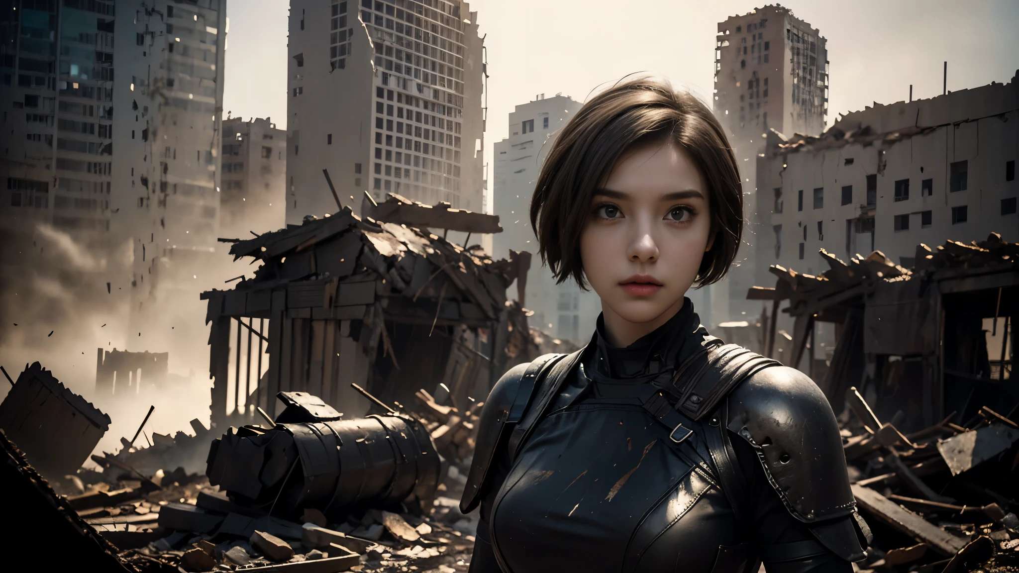 masterpiece,  high resolution,8K,( Portrait Photos:1.5),(R Original Photo),Reality,Digital Photography,(Ruins of the Apocalypse  ),City ruins，20 year old pretty female ，Short hair，Shut up，  post-apocalyptic scene ， Upper body photography ，Damaged Armor，Full figure