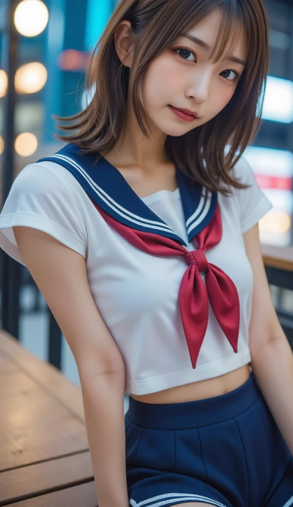 (masterpiece:1.3), (8k, Realistic, RAW Photos, Best image quality: 1.4), Japanese, (One Girl), Beautiful Face, (Lively Faces), Beautiful Hairstyles, Realistic eyes, Beautiful details in the eyes, (Realistic Skin), Beautiful skins, Charm, 超A high resolution, Ultra-realistic, Attention to detail, Golden Ratio, (Detail Makeup:1.2), View your viewers,Tabletop, highest quality, Very detailed, In detail, High resolution, Composition of the whole body、Open leg pose、Boldly open your legs、Beautiful details, Natural color lip,Realistic、Realistic、alone、Realistic、highest quality、Very detailedな顔、Very detailedな目と顔、Beautiful and detailed、Absurd、Unbelievably absurd、My hair is messy、Floating Hair、Brown Hair、Wavy Hairstyle、Medium Hair、(Extremely detailed CG、8K Image Wallpapers)、(Very delicate and beautiful)、(masterpiece)、(highest quality:1.0)、(超A high resolution:1.0)、Beautiful lighting、Perfect Lightning、Realistic Shadows、[High resolution]、Detailed skin、Very detailedな、Detailed face and eyes、Realistic eyes、Sharp pupils、Beautiful Face、Outdoor、Downtown Japan、Amidst the hustle and bustle、Blurred Background、Glowing Skin、Blunt bangs、Red Eye、(Sailor suit 1.2)、Sailor suits have long sleeves、Ultra HD Photos, 8K quality, School Area, Systemic composition, Looking into the camera, Japanese women, 20-year-old, Perfect beauty, Texture with visible pores, Perfect Face, Transparent muscle, Transparent muscle, Beautiful and toned body, Muscular, thin, Small breasts, Tight ass and small breasts、Small Ass、 Bloomers (Bloomers in Japan School, Seamless Design, Monochromatic Bloomers, Bloomers are dark blue, Exactly、Bloomers are elastic fabrics、Bloomers length from navel３ｃｍThe following degrees::, )Legs wide open、In the middle of town on the way home from school