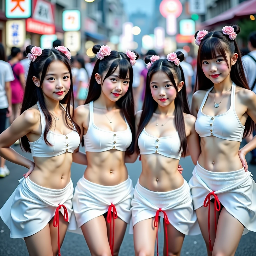 (((SFW, 11 Tiny Girls in a row:1.2, Shibuya Hachiko-mae scramble crossing on Halloween:1.2))), (masterpiece:1.2, best quality, photorealistic:1.37), {(Squatting Full Body:1.2)|(from below:1.2)}, short silver hair, {School Uniform|naked bandage|tutu}, (Detailed KAWAII face, Detailed Oily Porcelain skin), {Bustling street|(Passerby schoolgirls)| halloween| neon}, {(Childish:1.2|Gigantic Cleavage:1.37|Underboob:1.2)}, {flower wreath|Red leather high collar}, {Floating hair|Strong wind|Ass focus},{:p|:d|laugh|sparkle|joyful|delighted},