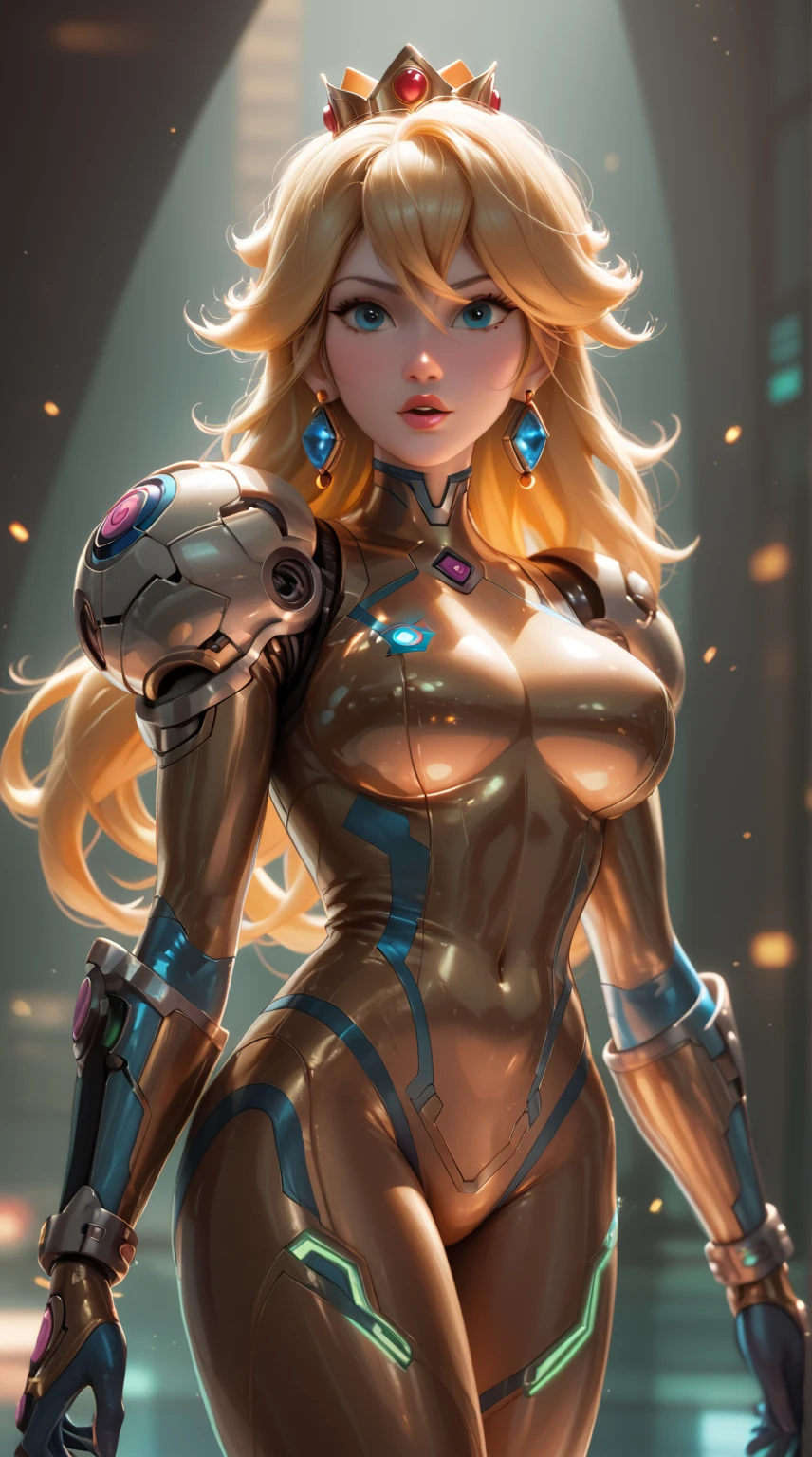 A magical Pixar 3D-rendered scene portraying Princess Peach wearing Samus Aran's Zero Suit, filled with charm and the iconic storytelling whimsy of Pixar.