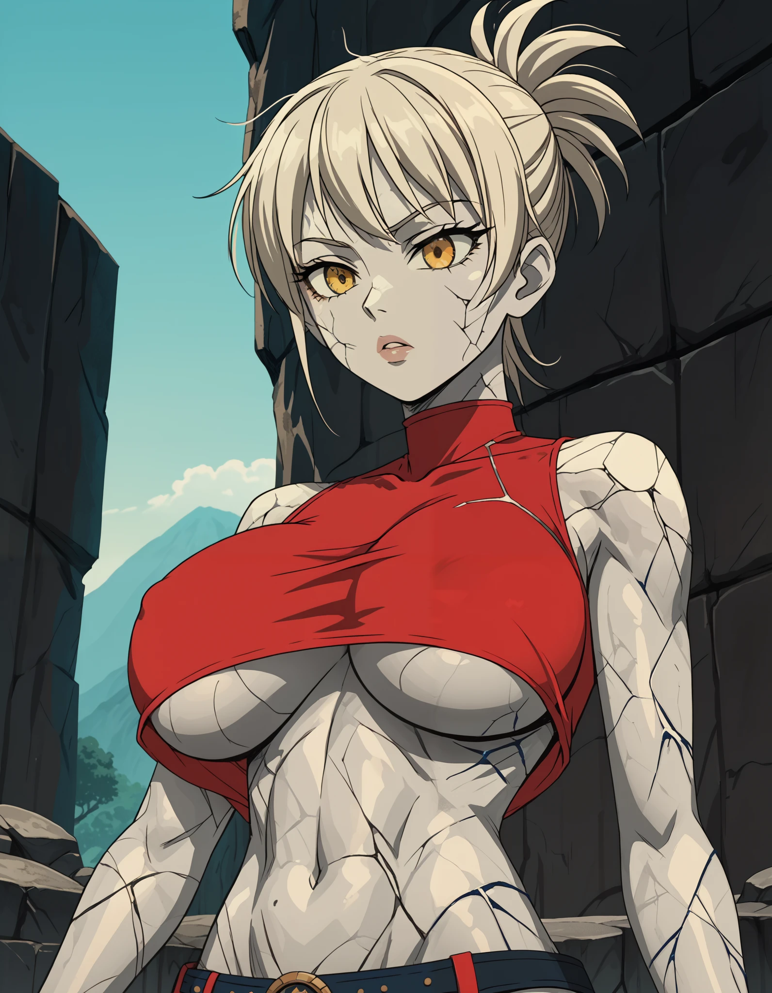 score_9, score_8_up, score_7_up, score_6_up, score_5_up, score_4_up, source_anime, sexy stone girl, sassy, hyper crop top, yellow skin tight shirt, (underboob:1.1), (anime_screencap), HD, 8k, 16k, (masterpiece), Stone giant, earth genasi, girl, girl made of earth, earth bind, (stone skin), Big apart breasts, squeezing tits, (ultra high quality), (anime_screencap:1.1), (vibrant colors), perfect body. (Stone Skin), ((perky tits)), (90's anime), (deep stone fissures), glowing cracks, stone skin,