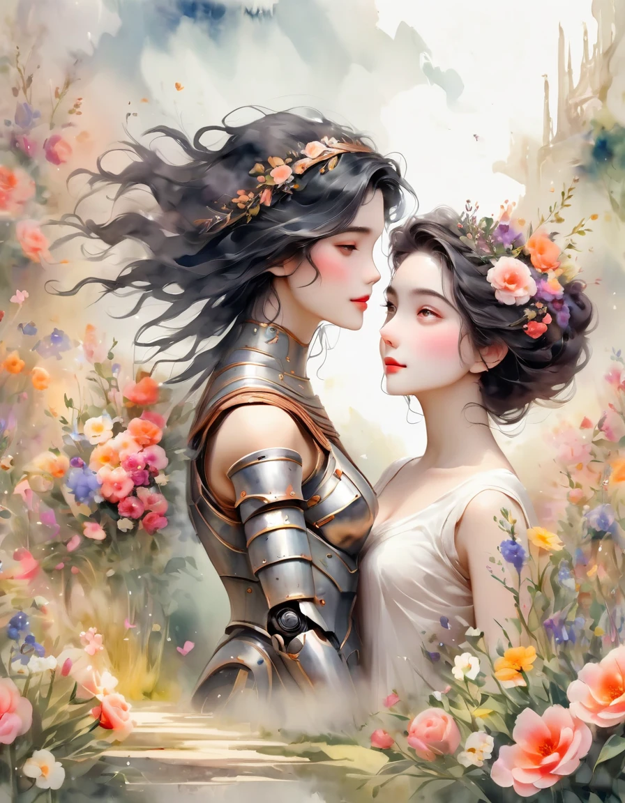 Animation, 8K quality, sophisticated design, advanced lighting technology, work of art, painterly, theme is "robot gladiator", robot gladiator with a funny face, beautiful woman standing next to robot gladiator, woman has long black hair and dressed in ancient Roman clothes, robot gladiator is in love with woman, pale color, watercolor style, flowers blooming, bright sunlight