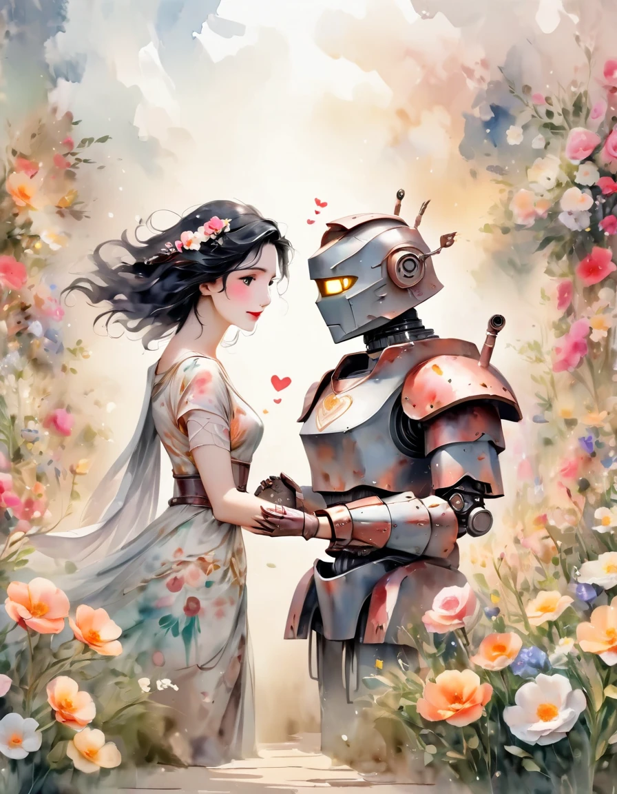 Animation, 8K quality, sophisticated design, advanced lighting technology, work of art, painterly, theme is "robot gladiator", robot gladiator with a funny face, beautiful woman standing next to robot gladiator, woman has long black hair and dressed in ancient Roman clothes, robot gladiator is in love with woman, pale color, watercolor style, flowers blooming, bright sunlight