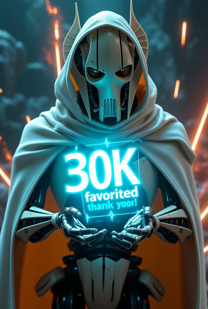 GeneralGrievous,Futuristic 3D hologram of a glowing logo in the palm of his hand,((logo says “30K Favorited Thank you!”)),vivid colors, high-tech feel,detailed hands,sci-fi aesthetic,soft lighting,The scenes are realistic and beautiful,the digital aspect is emphasized,explosions and flames,he is wearing a white cape,(GeneralGrievous,cyborg,alien,mask,reptile eyes,slit pupils:1.3),robot sci-fi,masterpiece,top quality,super detailed,8K portrait,highly detailed,super detailed skin,highly detailed background