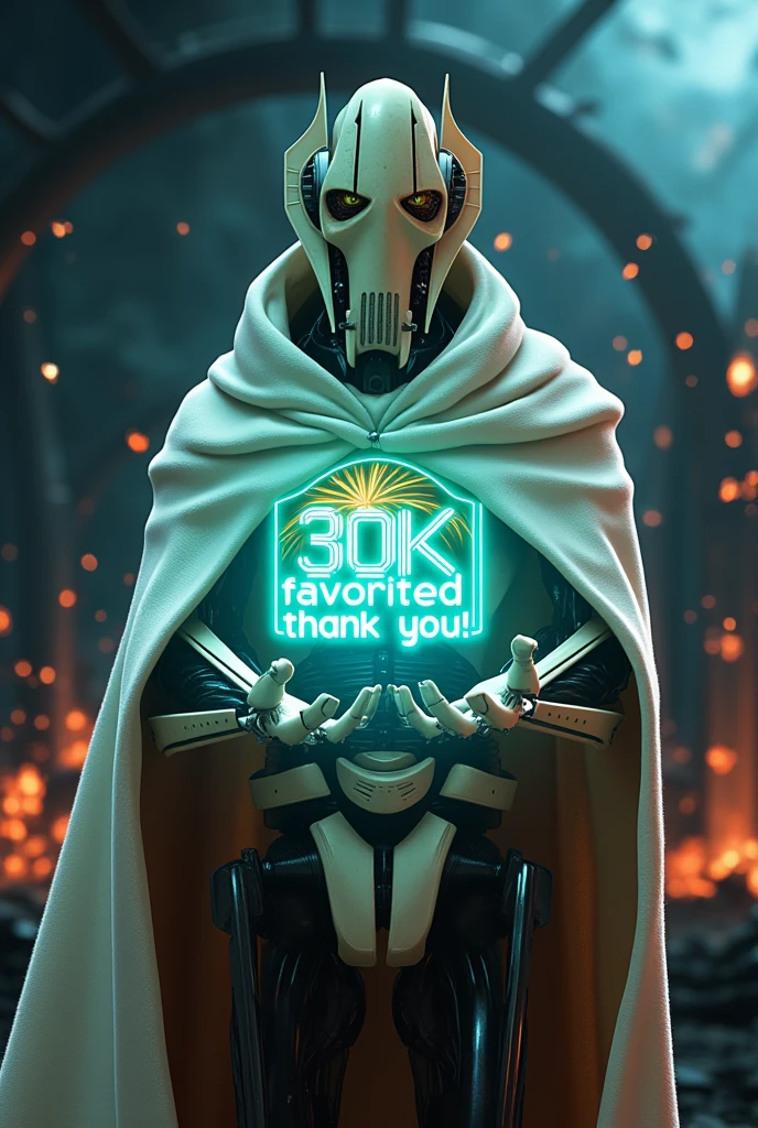 GeneralGrievous,Futuristic 3D hologram of a glowing logo in the palm of his hand,((logo says “30K Favorited Thank you!”)),vivid colors, high-tech feel,detailed hands,sci-fi aesthetic,soft lighting,The scenes are realistic and beautiful,the digital aspect is emphasized,explosions and flames,he is wearing a white cape,(GeneralGrievous,cyborg,alien,mask,reptile eyes,slit pupils:1.3),robot sci-fi,masterpiece,top quality,super detailed,8K portrait,highly detailed,super detailed skin,highly detailed background