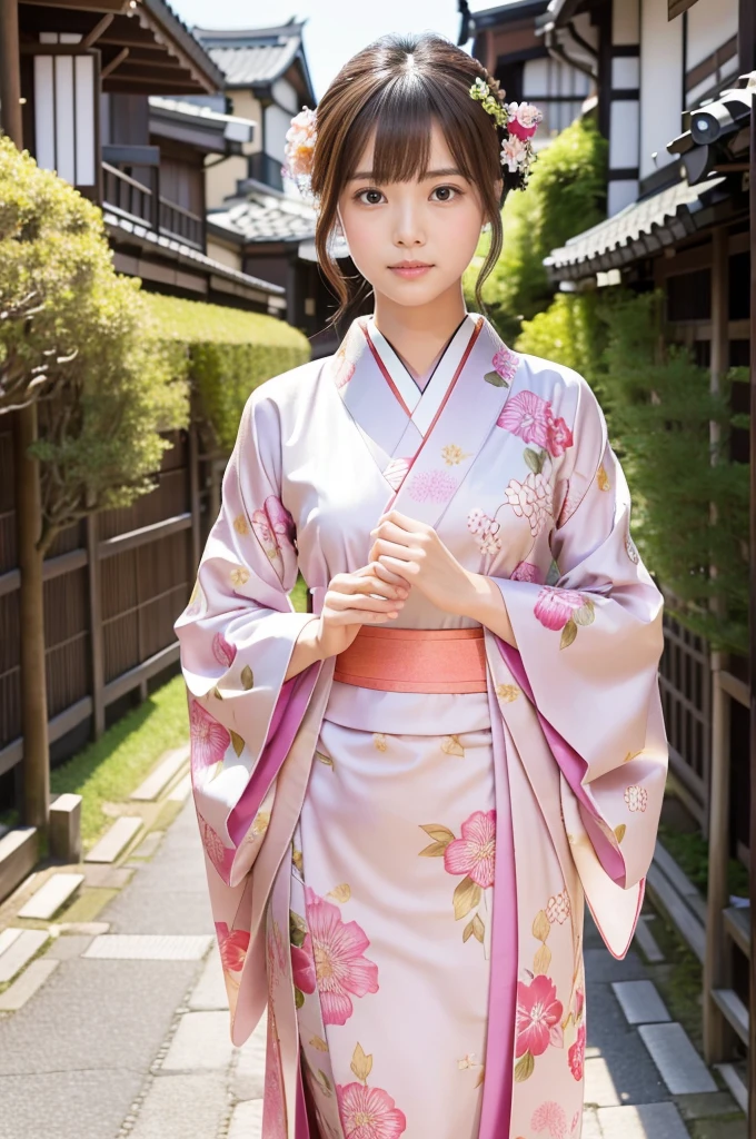 A beautiful Japanese woman wearing a pink floral   kimono. Her hair is elegantly tied up with floral ornaments, and her bangs are down. She stands in a narrow alley in Kyoto during daytime, surrounded by a festive New Year atmosphere. The   kimono features intricate floral patterns, and she has delicate features with brown eyes and brown hair. Her expression is serene and graceful.

one girl, (beautiful girl, delicate girl:1.3), (elegant appearance:1.3), break, (spring clothes:1.3), break, very fine eyes, (symmetrical eyes:1.3), break, perfectly shaped and anthropomorphically correct fingers, break, small breasts, brown eyes, (((shortcut))), straight bangs, brown hair, break, (eye and face details:1.0), break, (masterpiece, highest quality, super detailed), detailed face, 8k,   kimono, intricate patterns, floral design. high res, masterpiece, masterpiece, accurate,  anatomically correct ,  won lots of awards ,  top quality ,  high detail,  anatomically correct , 