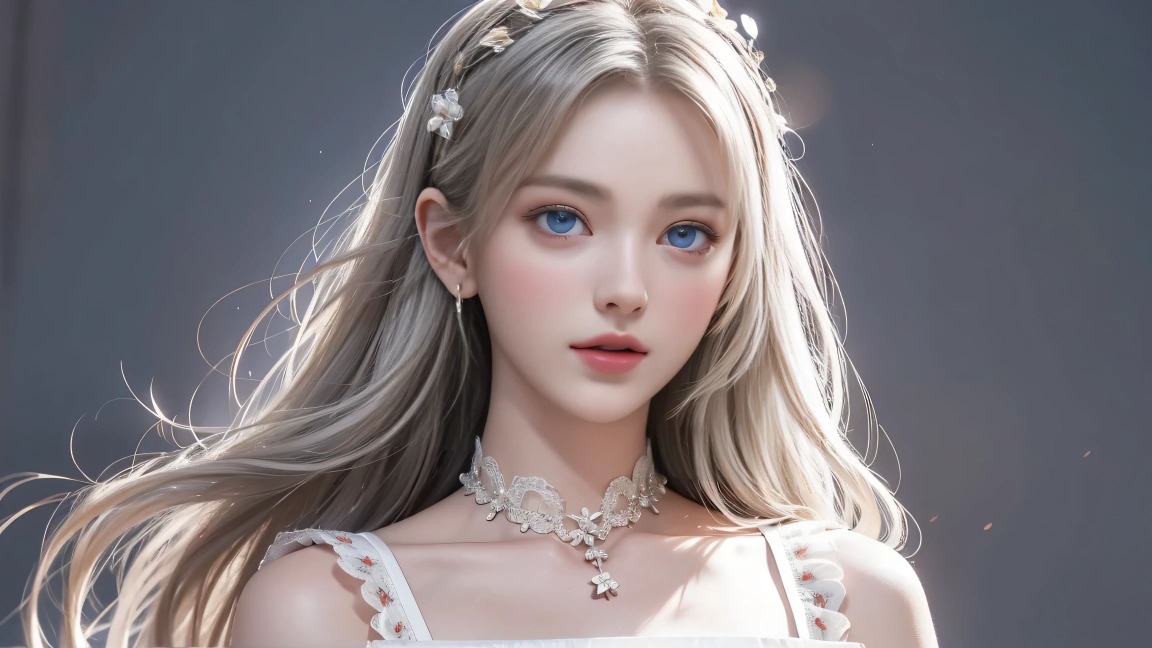 High-quality work,Realistic works,Super premium graphics,8K HD CG works,high quality graphics,High-definition and exquisite CG works,10x pixels,Ultra-fine details:1.1,Advanced technical details:1.1Realistic photo effects,Interior lighting effects:1.5,natural soft light:1.5. Light effect(Virtual light effects:1.8),ultra high resolution,shining dress,sliver long hair,silber hair,transparenthair,high detailed hair(Quality hair details:1.1)Clear eyes,Double eyelids look good,Sharp eye makeup, Create exquisite eyelash makeup, tthin eyebrows, Ultra-detailed eyes,a tall nose, lovely red lips, rosey cheeks, With delicate makeup on her face , pretty face, The face shape is perfectly proportioned,(Advanced facial details:1.1)One wearing a white dress、Close up of cat-eared woman, ethereal beauty, Stunning young and ethereal figure, huge breasts,bigger breasts,G cup,flowing white robe, flowing skirt, flowing magic robe, beautiful girl, Very beautiful elf top model, Beautiful digital art work, tall thin beautiful goddess, beautiful goddess, Beautiful fantasy girl, beautiful fantasy art, Smooth digital concept art, Smooth anime CG art,heavy snow,snow mountain,lake,white hair,Women's artwork,Dress full body video,Realism,Amazing Cleavage,My eyes are very bright today