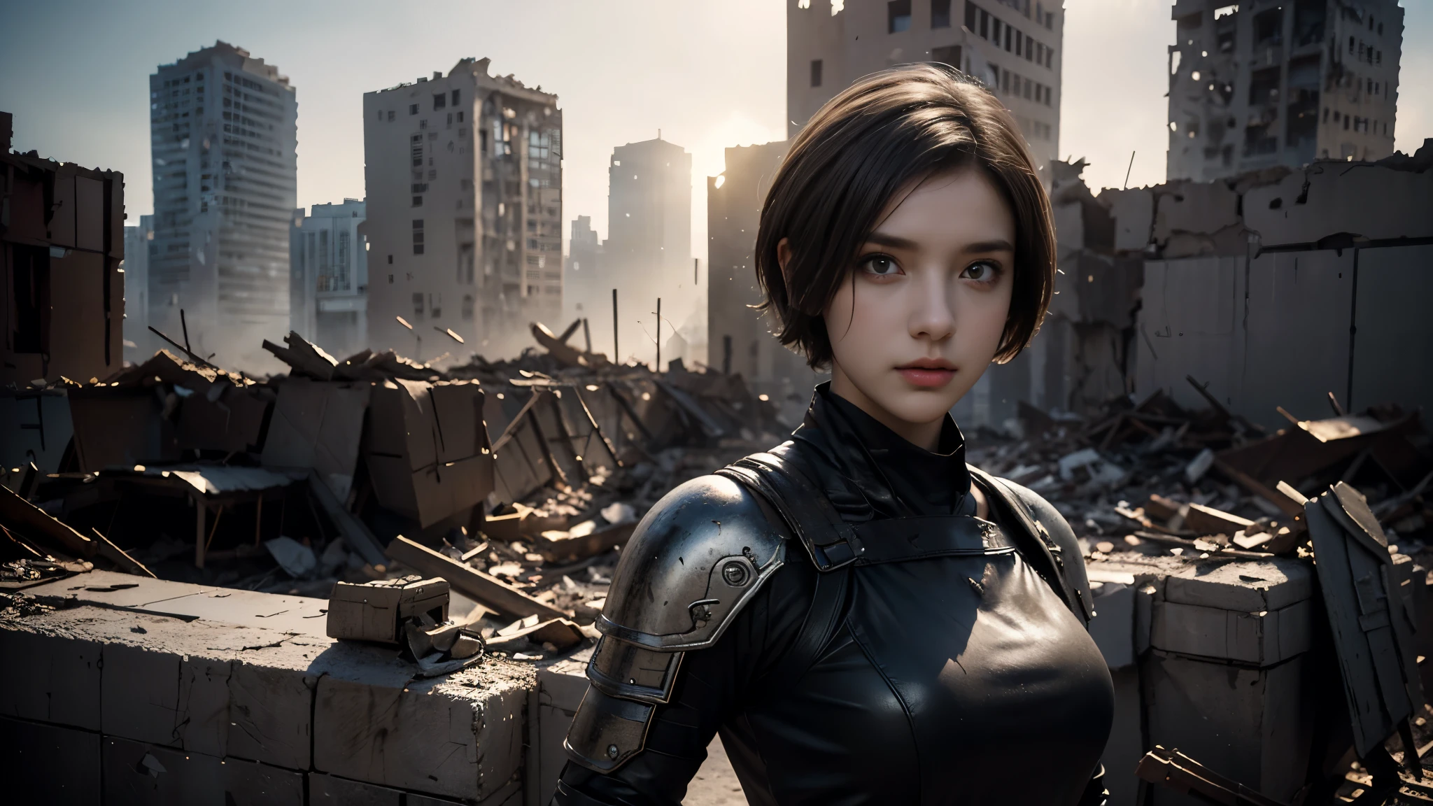 masterpiece, high resolution,8K,( Portrait Photos:1.5),(R Original Photo),Reality,Digital Photography,(Ruins of the Apocalypse ),City ruins,20 year old pretty female ,Short hair,Shut up, post-apocalyptic scene , Upper body photography ,Damaged Armor,Full figure