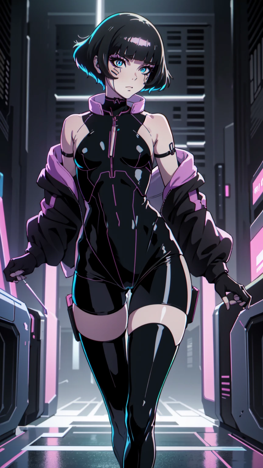 Create an illustration of Sasha from Cyberpunk: Edgerunners. She is a young netrunner with a slender and agile physique, reflecting her hacker lifestyle. Her hair is short, (black hair), messy, and brightly colored, often with neon highlights like electric blue or vibrant pink. Her (blue eyes) have a sharp, tech-enhanced glow, hinting at cybernetic implants. Sasha wears a sleek, tactical bodysuit designed for mobility and stealth, primarily in shades of black and dark gray, accented with neon lines that pulse softly with her netrunning activity. Her gloves are fingerless, exposing cybernetic fingertips perfect for interfacing with technology. Completing her look are combat boots and a utility belt filled with small hacking tools and gadgets. The overall vibe is a mix of futuristic hacker aesthetic and street-smart edge, blending style and functionality. sitting, dinamic poses, backwards, looking back