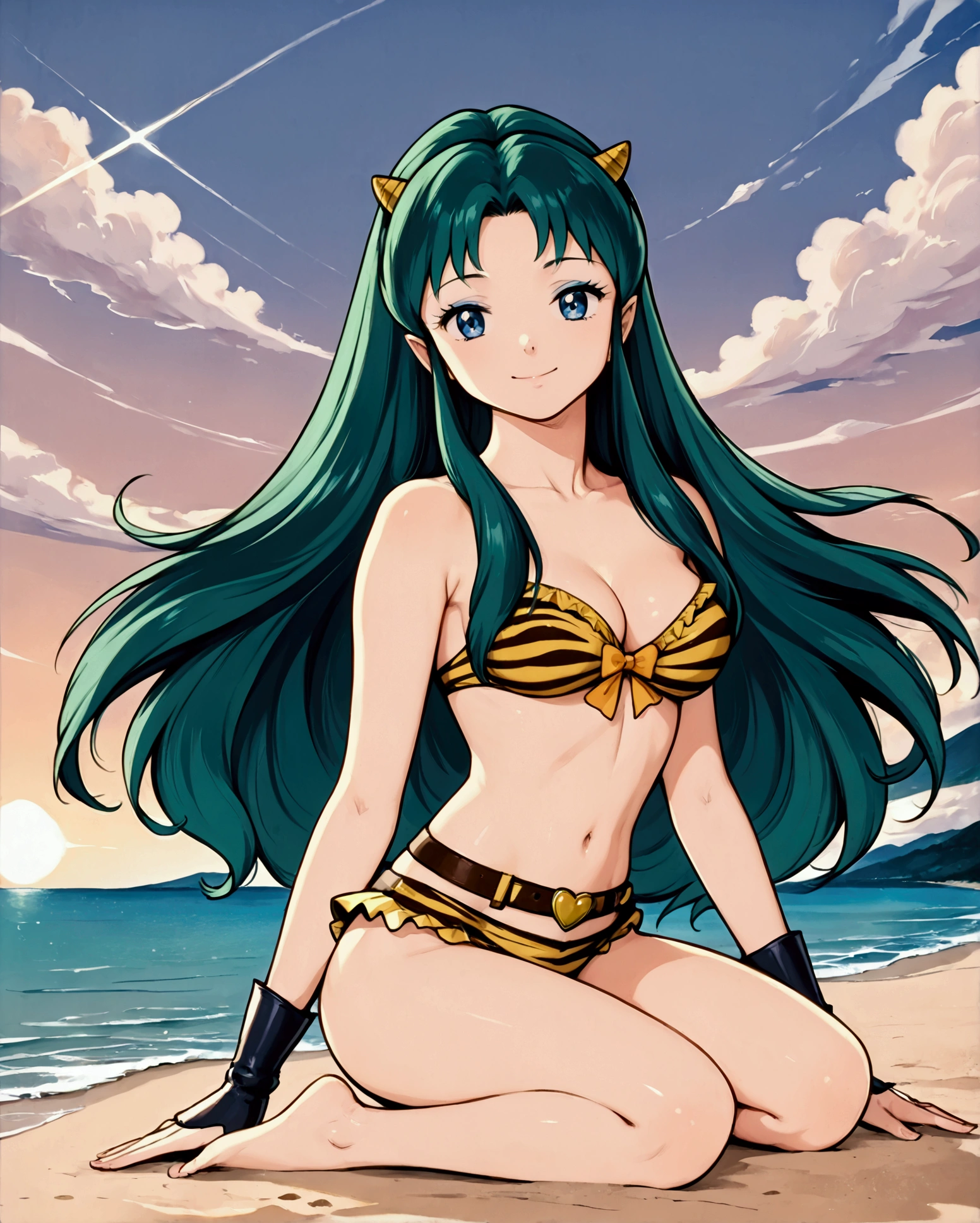 In style of Argerm, (best quality,4k,8k,highres,masterpiece:1.2),ultra-detailed,(r:1.37), vibrant colors, lum, lighting, beach scenery, bikini model, standing tall and confident, full body emphasis, alluring curves, prominent and voluptuous breasts, captivating green hair flowing in the wind, thunderous aura surrounding her, sharp, majestic horns protruding from her head.