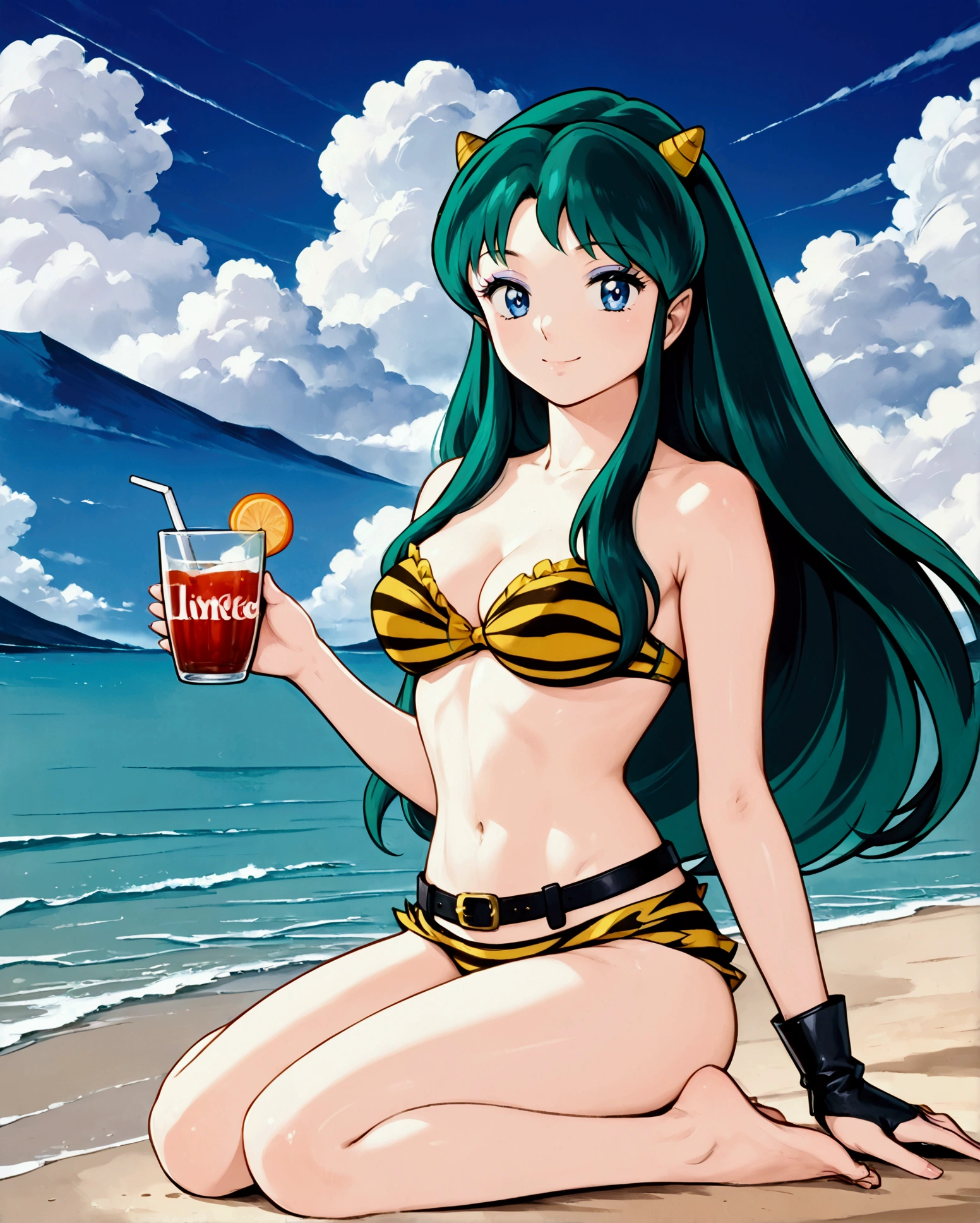 Ran Mohri, anime, gold and black enamel bikini, gold necklace, right hand gripping the handle of a beer mug and raising it up, left holding her hand on her waist, beach house in the background, smiling, opening her mouth lightly