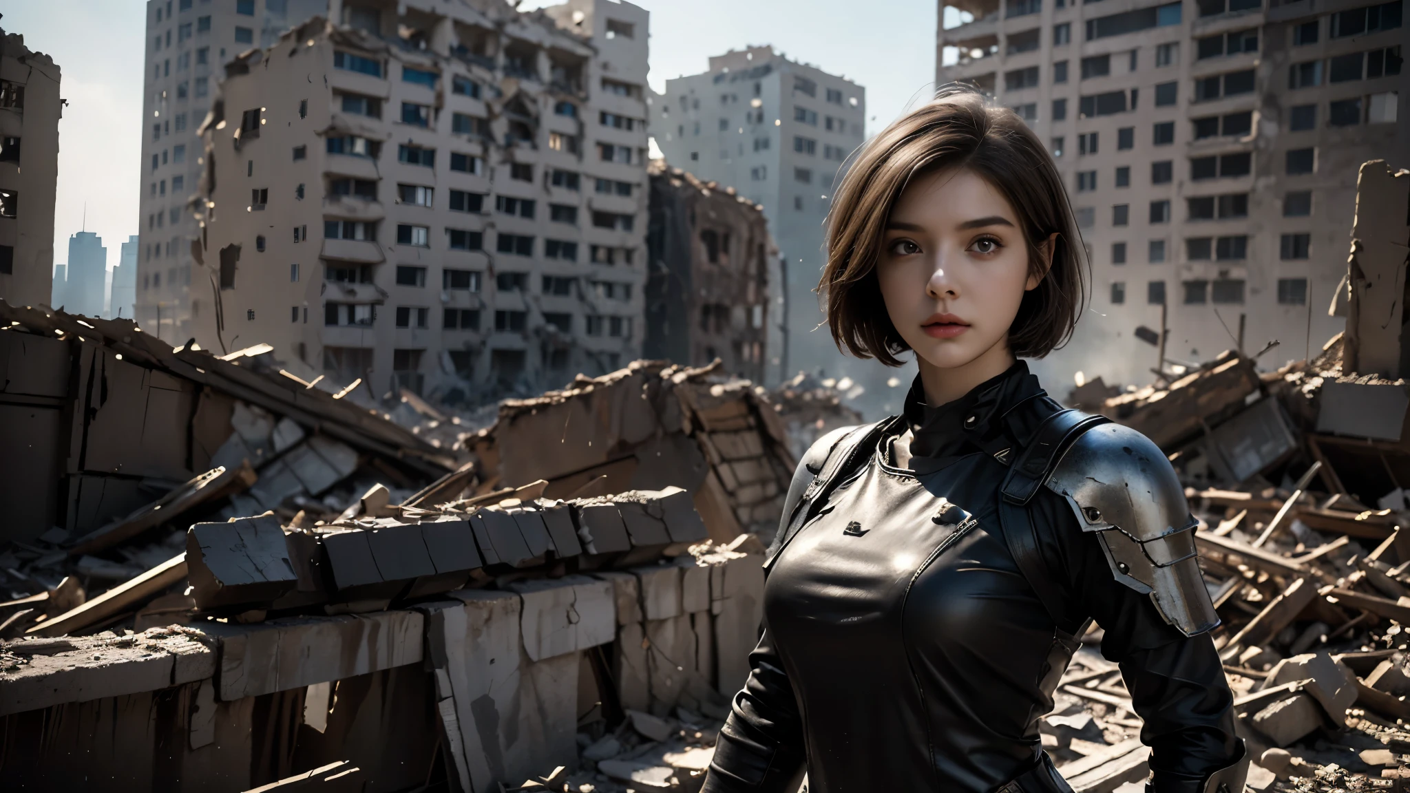 masterpiece, high resolution,8K,( Portrait Photos:1.5),(R Original Photo),Reality,Digital Photography,(Ruins of the Apocalypse ),City ruins,20 year old pretty female ,Short hair,Shut up, post-apocalyptic scene , Upper body photography ,Damaged Armor,Full figure