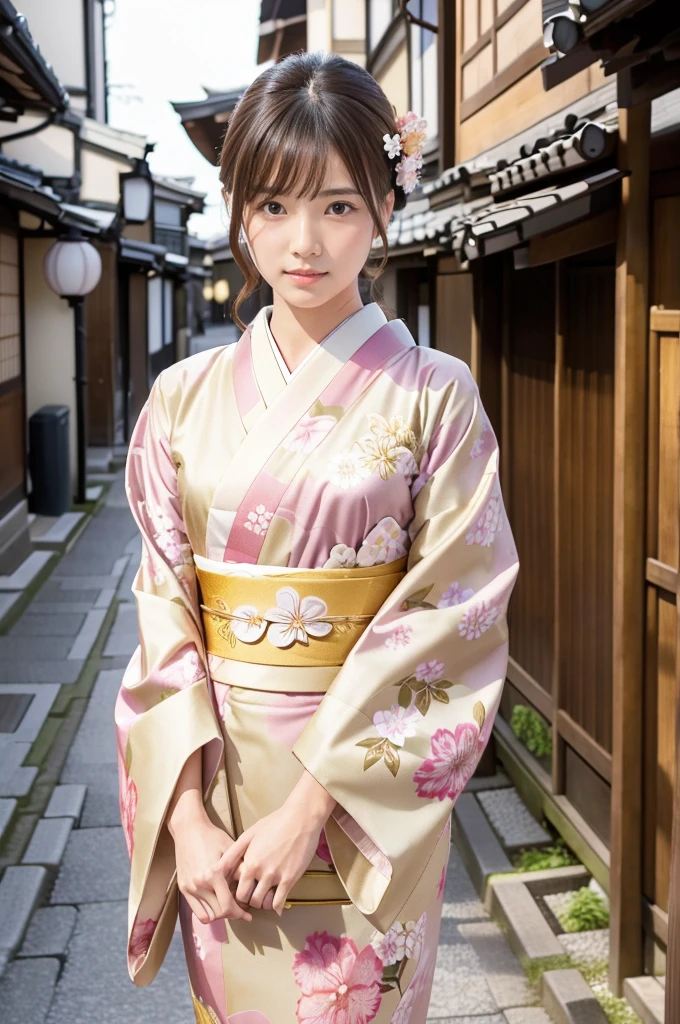 A beautiful Japanese woman wearing a pink floral   kimono. Her hair is elegantly tied up with floral ornaments, and her bangs are down. She stands in a narrow alley in Kyoto during daytime, surrounded by a festive New Year atmosphere. The   kimono features intricate floral patterns, and she has delicate features with brown eyes and brown hair. Her expression is serene and graceful.

one girl, (beautiful girl, delicate girl:1.3), (elegant appearance:1.3), break, (spring clothes:1.3), break, very fine eyes, (symmetrical eyes:1.3), break, perfectly shaped and anthropomorphically correct fingers, break, small breasts, brown eyes, (((shortcut))), straight bangs, brown hair, break, (eye and face details:1.0), break, (masterpiece, highest quality, super detailed), detailed face, 8k,   kimono, intricate patterns, floral design. high res, masterpiece, masterpiece, accurate,  anatomically correct ,  won lots of awards ,  top quality ,  high detail,  anatomically correct , 