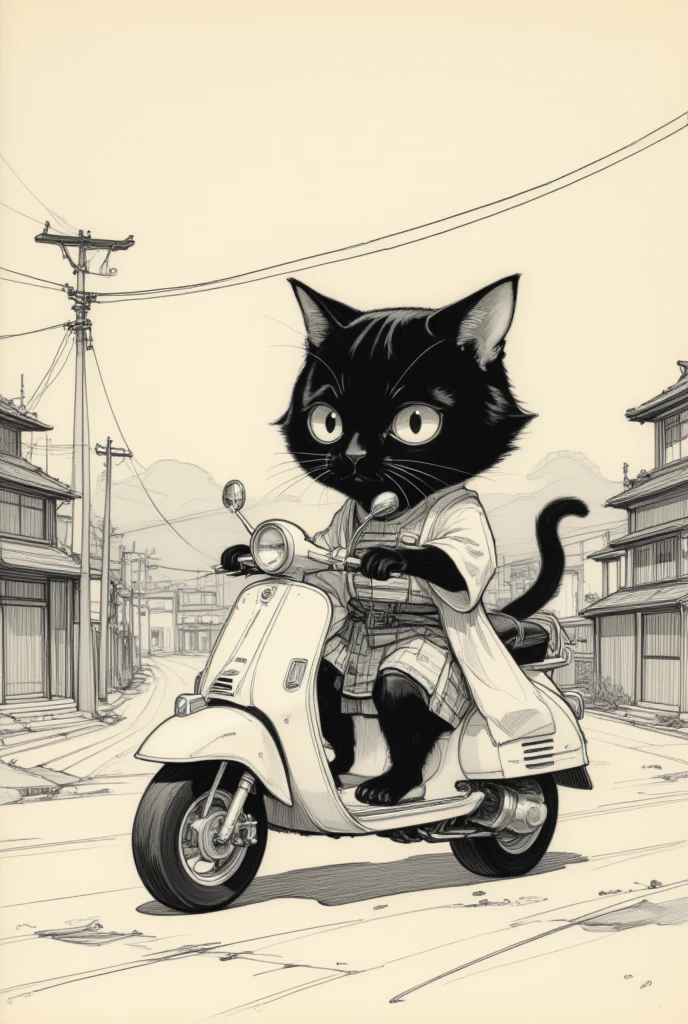 monochrome, long shot, A bipedal black cat dressed as a Japanese samurai rides a Vespa 150vl1t1955、Vision、chibi anime, 2D Anime, anime