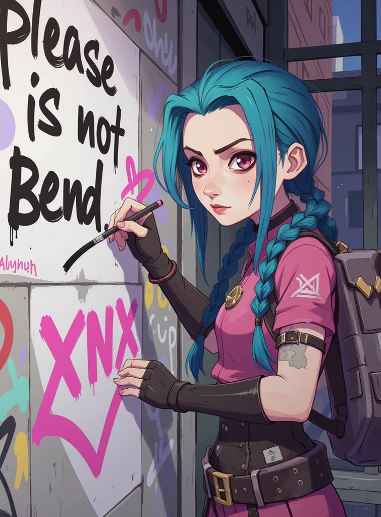 character art of jinx writing "please do not bend", jinx graffiti, jinx handwriting, jinx arcane, facial expressions, long blue braids, jinx arcane, loish art style, loish art