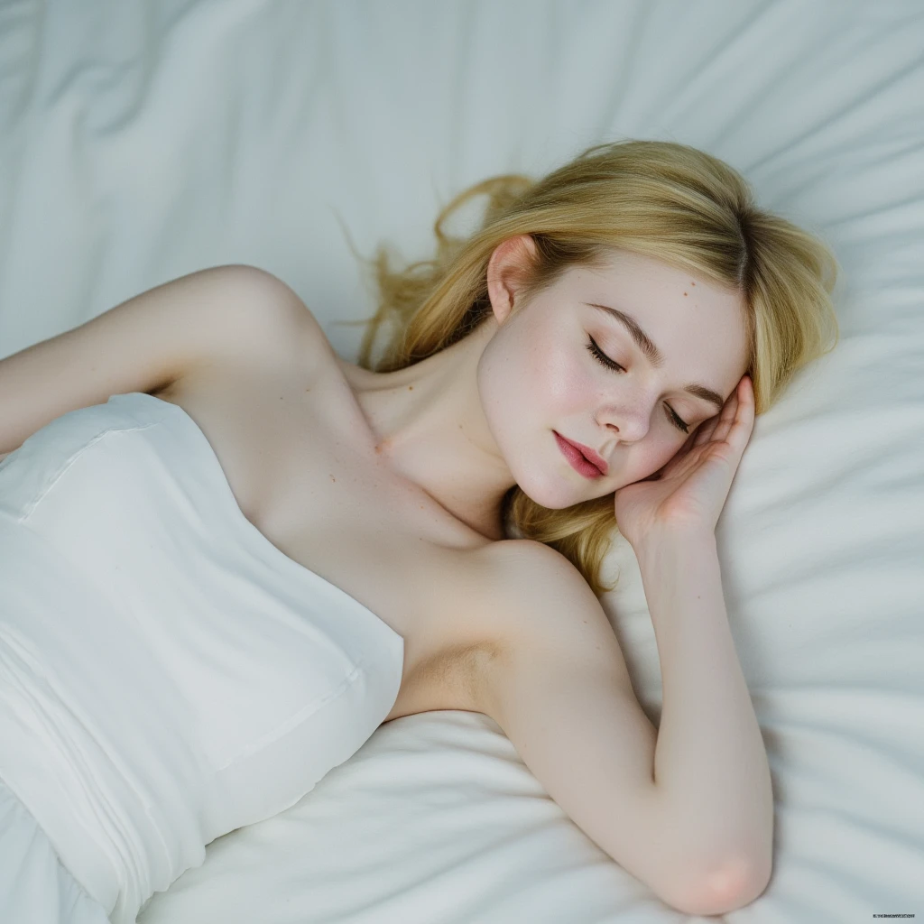 Elle Fanning, picture from above, lying limp on a bed on back, white strapless dress, sleeping, closed eyes, head tilt, loose arms