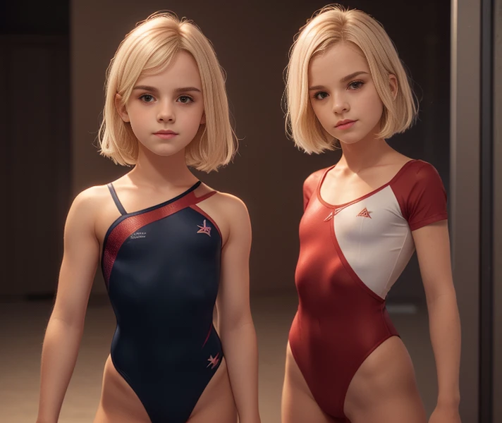 Masterpiece, (Emma Watson: 1.2),  standing in a gymnasium, wearing a red white and blue 'team USA' gymnastics leotard and padded grips on her wrists, ((sides of waist pulled in impossibly tight)), ultra detailed, ((shoulder length platinum blonde hair)), ultra realistic, full body shot, ((looks kind of innocent)), slim body, narrow hips, small breasts, very detailed face, looks like they are happy, (cinematic lighting, bokeh), dramatic, award-winning photography, incredible masterpiece, 16K, ultra high res.photorealistic, UHD, RAW, DSLR