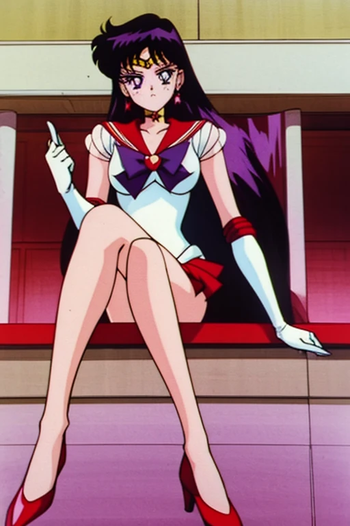 the sailor moon,brunette color hair,a sailor suit,Red collar,dark colored eyes,Purple bow,short red dress,pleatedskirt,Expose beautiful legs,long leges,perfect body figure,High-heeled boots,Sit by the flower bed,tmasterpiece,White gloves,tmasterpiece,Clear picture,In a Japanese anime style,Bareleged
