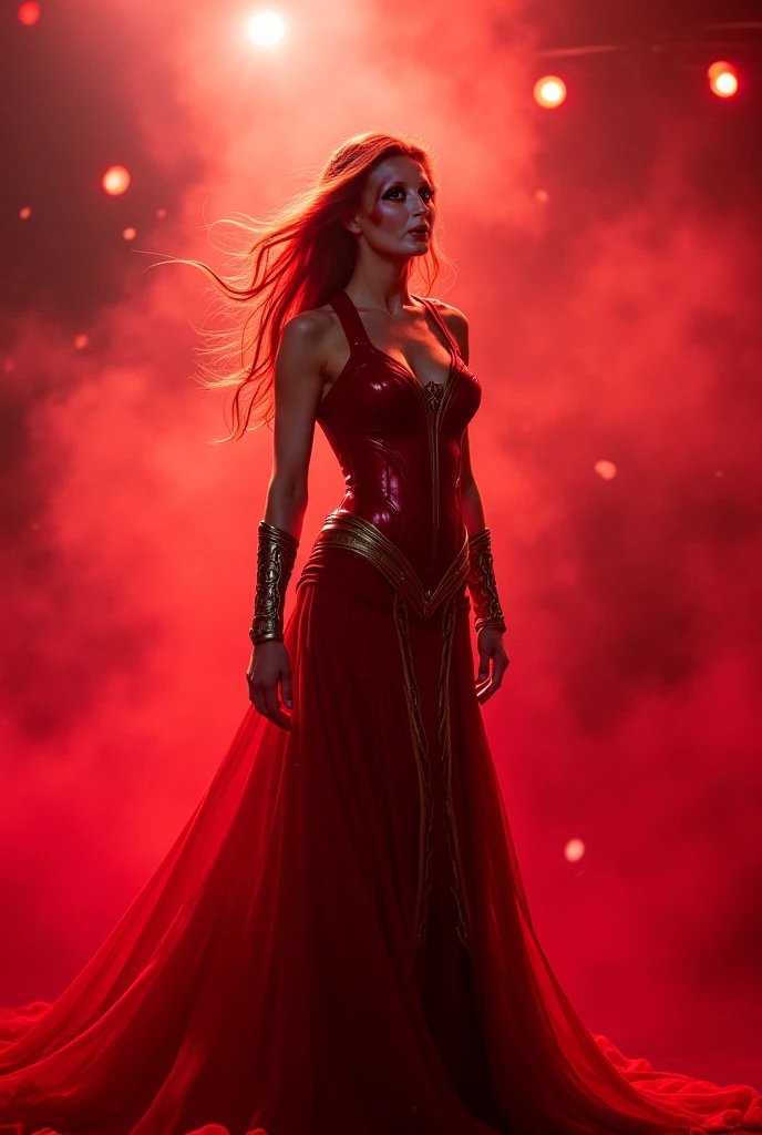 Elizabeth Olsen, ElizabethOlsen, 1girl, solo, angry face, full body, long hair, breasts, busty, looking at viewer, brown hair, black hair, cleavage, red color dress, red dress, scarlet witch headband, translucent, translucent dress, high side slit, show thigh, long boots, floating, flying, legs straight down, multicolored hair, lips, realistic, red glowing eyes, glowing hand red, red glowing hand, Hyperrealism, perfect proportion body, good proportion body, glowing light, ray tracing, backlighting, rim light, lughbathing, bokeh, f/1.2, Canon, best quality, anatomically correct, high details, super detail, high quality, best quality, 16k