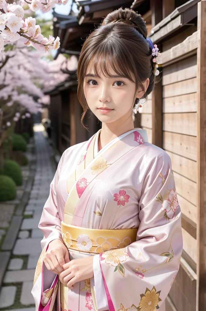 A beautiful Japanese woman wearing a pink floral   kimono. Her hair is elegantly tied up with floral ornaments, and her bangs are down. She stands in a narrow alley in Kyoto during daytime, surrounded by a festive New Year atmosphere. The   kimono features intricate floral patterns, and she has delicate features with brown eyes and brown hair. Her expression is serene and graceful.

one girl, (beautiful girl, delicate girl:1.3), (elegant appearance:1.3), break, (spring clothes:1.3), break, very fine eyes, (symmetrical eyes:1.3), break, perfectly shaped and anthropomorphically correct fingers, break, small breasts, brown eyes, (((shortcut))), straight bangs, brown hair, break, (eye and face details:1.0), break, (masterpiece, highest quality, super detailed), detailed face, 8k,   kimono, intricate patterns, floral design. high res, masterpiece, masterpiece, accurate,  anatomically correct ,  won lots of awards ,  top quality ,  high detail,  anatomically correct , 