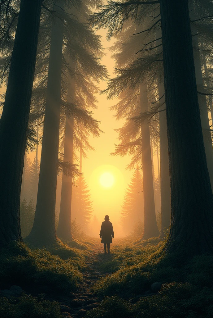 In the middle of a dense forest , when the sun almost went down - SeaArt AI