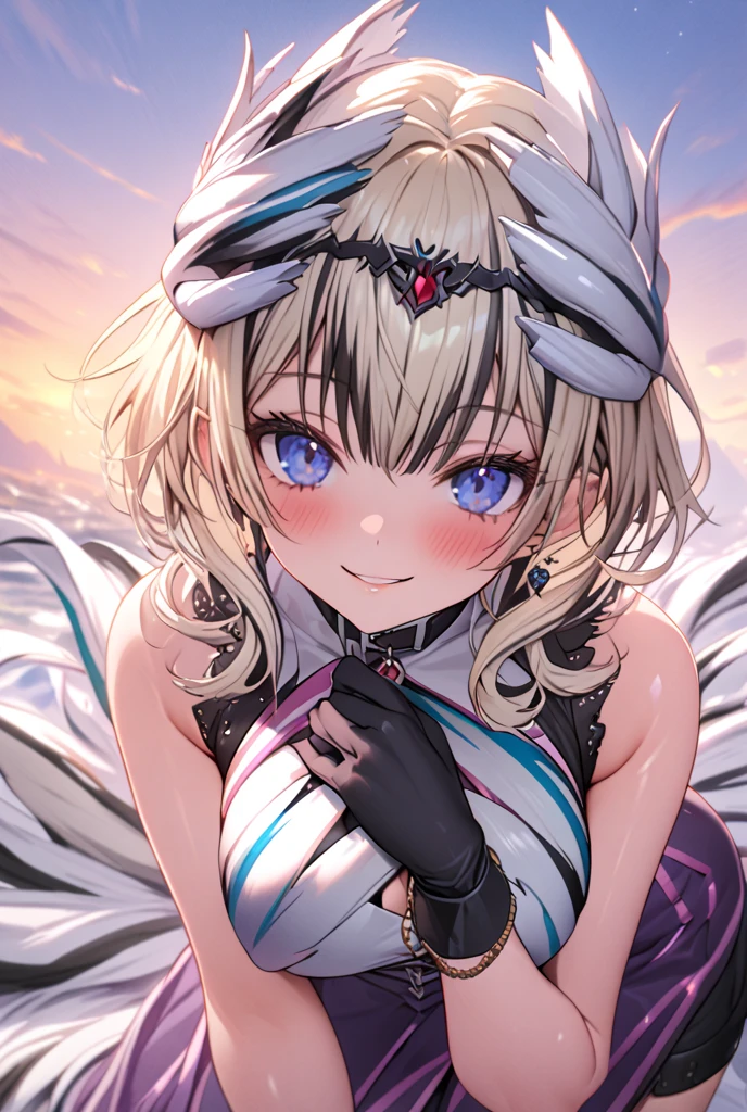 Merrin _(Fire Emblem), 1girl, short hair, blonde hair, Blue eyes, purple skirt, fur collar , fur trim, Ahoge,  black gloves with purple claws , white ascot , black shorts, knee pads,  white wolf tail , shiny skin, shiny clothes ,  parted lips , smile, blush, large breasts, looking at the viewer , with a smile making a heart with her hands at sunset behind Veyle High resolution,  masterpiece,  Anatomically correct ,  High Details , 