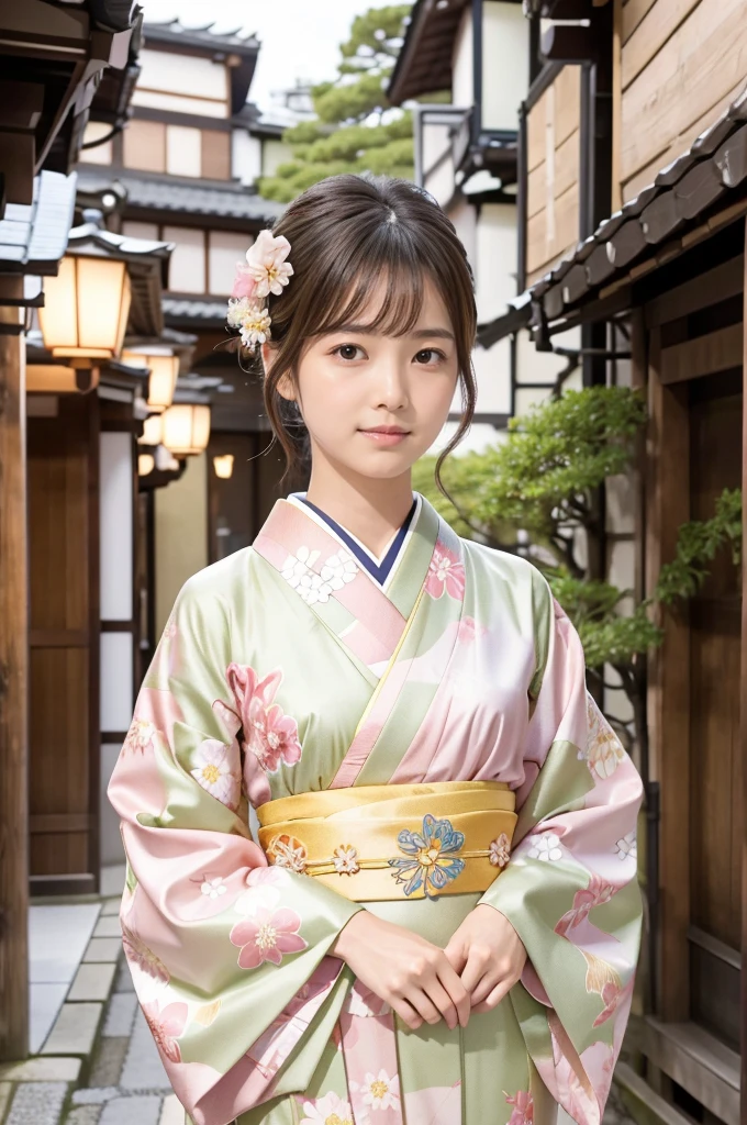 A beautiful Japanese woman wearing a pink floral   kimono. Her hair is elegantly tied up with floral ornaments, and her bangs are down. She stands in a narrow alley in Kyoto during daytime, surrounded by a festive New Year atmosphere. The   kimono features intricate floral patterns, and she has delicate features with brown eyes and brown hair. Her expression is serene and graceful.

one girl, (beautiful girl, delicate girl:1.3), (elegant appearance:1.3), break, (spring clothes:1.3), break, very fine eyes, (symmetrical eyes:1.3), break, perfectly shaped and anthropomorphically correct fingers, break, small breasts, brown eyes, (((shortcut))), straight bangs, brown hair, break, (eye and face details:1.0), break, (masterpiece, highest quality, super detailed), detailed face, 8k,   kimono, intricate patterns, floral design. high res, masterpiece, masterpiece, accurate,  anatomically correct ,  won lots of awards ,  top quality ,  high detail,  anatomically correct , 