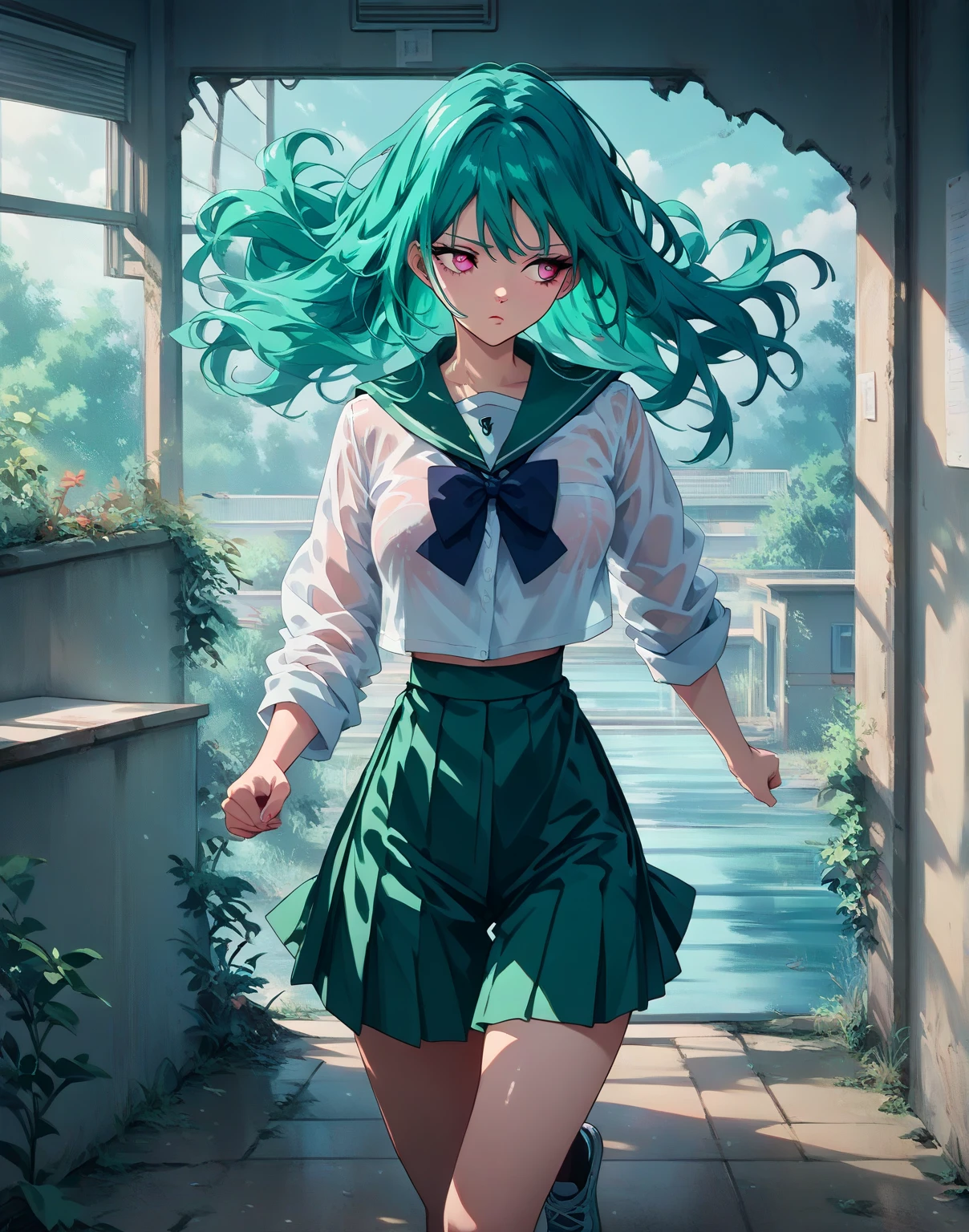 a woman with long wavy dark teal green hair, pink eyes, see-through pink school uniform, chainsaw at the background, running, ruin boarded classroom, look away, (((alone)))