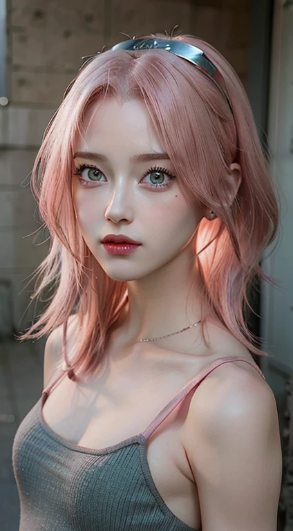 young woman, short shoulder-length pink hair, wide forehead, porcelain skin, pink eyebrows, big emerald green eyes, buttoned nose, full lips, heart-shaped face, slender body, small breasts, red tank top, Sakura Haruno , realistic, realism, details, 3d, well detailed