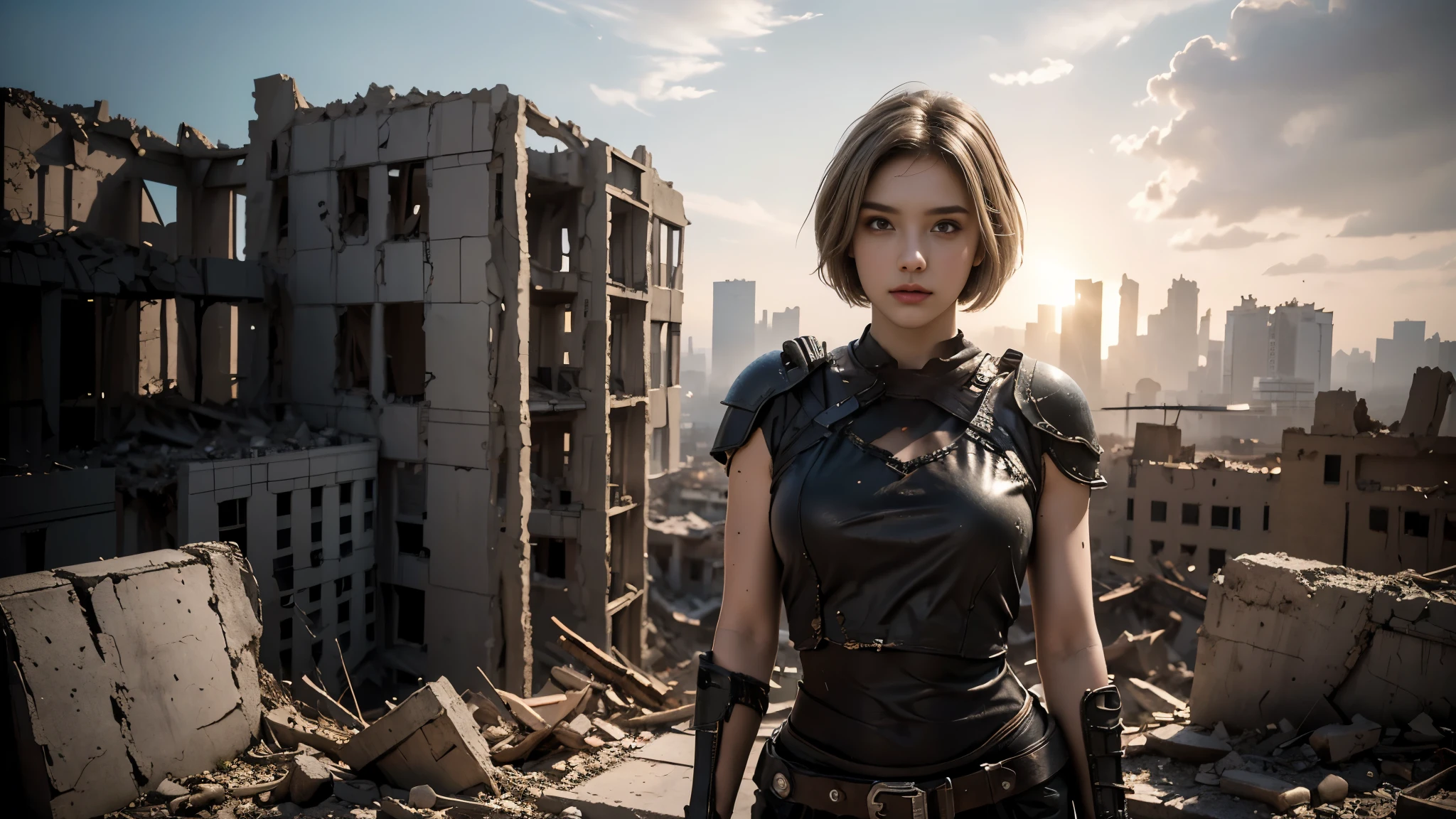 masterpiece, high resolution,8K,( Portrait Photos:1.5),(R Original Photo),Reality,Digital Photography,(Ruins of the Apocalypse ),City ruins,20 year old pretty female ,Short hair,Shut up, post-apocalyptic scene , Upper body photography ,Damaged Armor,Full figure
