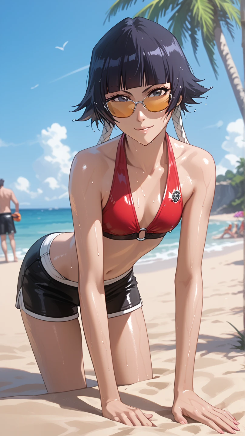 harunoshipp, 1girl, solo, facing viewer, looking at viewer, upper body, smile, red bikini top, sitting in beach chair, sunglasses, smile, cleavage, ((skinny waist)), large breasts,(((showing armpits)))
