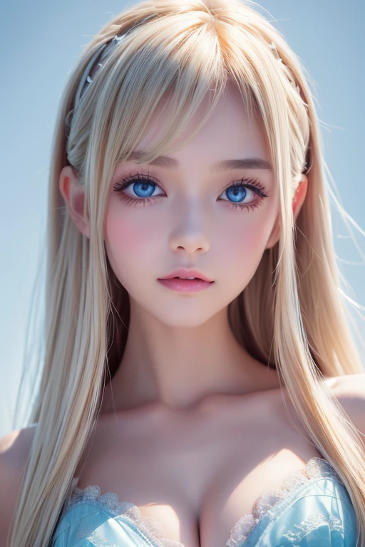 one person18Beautiful woman of age、Moisturizing and beautiful eyes、ciri、picture、oval jaw、delicate features、beautiful expression、beautiful blonde hair、long bangs、long ponytail、Blue eyes with a beautiful glow、LDS Art