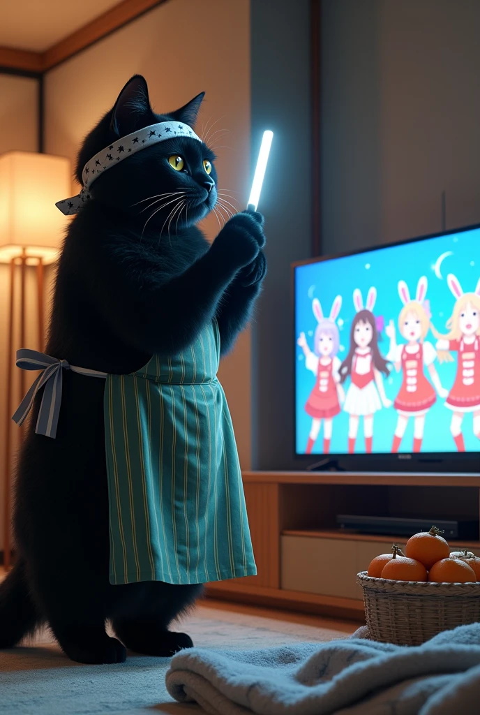 ultra-realistic, photorealistic, dramatic scene, shadow, global-illumination, the human-like giant black cat\(wearing a vertical striped green apron, black cat, dancing at the side of the low table that covered by a heavy blanket, watching TV and dancing identical to the idol on TV, raising a hand, wearing gray patterned Hachimaki, holding a star printed white fan and a bright white light stick\), there is a low table fully covered with a light colored checked thick blanket on the large carpet in the stylish Japanese apartment room, a TV and shelf are in the room, the tv displays\(anime, cute anime, detailed big circle eyes, extra long curly haired, smile, 5 girls each colored extra long curly hair of pink and blue and silver and blonde and black with bunny's ears, live performance of a cute young idol singer girl wearing a pastel colored dress, bunny's ears, happy smile, cute girls, singing on stage, spot lighting, dancing, raising a hand\), stylish furnishings, mandarin oranges in the basket is on the low table, in winter,