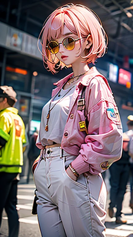 Pearl pink hair , bob cut, different length from front to neckline, orange sunglasses , slit eyes ,Crimson Lips, pink gold jacket , white shirt,Yellow pink pants ,Hands are in pants pockets