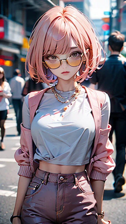 Pearl pink hair , bob cut, different length from front to neckline, orange sunglasses , slit eyes ,Crimson Lips, pink gold jacket , white shirt,Yellow pink pants ,Hands are in pants pockets