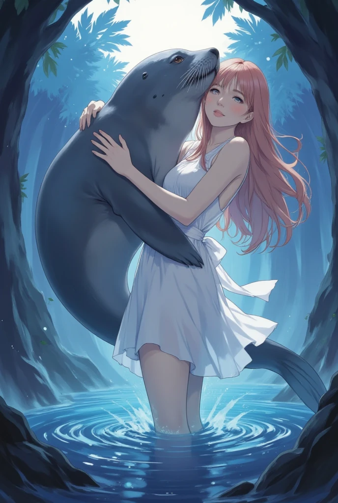 ((line-art Anime, manga aesthetic, highly detailed, vibrant colors, dynamic lighting, soft shading, 8k resolution, masterpiece)),(((1girl_seal:1.2)))A woman emerging from water, with a seal climbing up beside her to embrace her, symbolizing harmony and connection. The woman has long, flowing hair, wearing a simple, elegant dress that drapes gently around her body, creating a sense of ethereal beauty. The seal, with smooth fur and expressive eyes, gently wraps its flippers around her in a tender embrace. The scene is set in a serene, mystical landscape with soft, glowing light filtering through the water. The background is filled with gentle waves and mist, creating a peaceful atmosphere. The scene is highly detailed with dynamic lighting and vibrant colors, bringing out the contrast between the dark depths of the water and the illuminated figure of the woman and the seal. The art style is anime-inspired with manga aesthetics, soft shading, and vibrant hues that make the characters stand out beautifully. The image is rendered in 8k resolution, creating a sense of depth and intricacy in every detail, showcasing the masterpiece of this serene, magical moment."