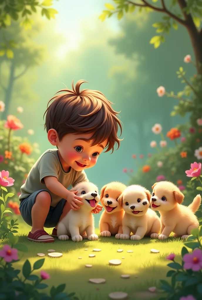 Small Boy Playing At Garden with dog Puppies