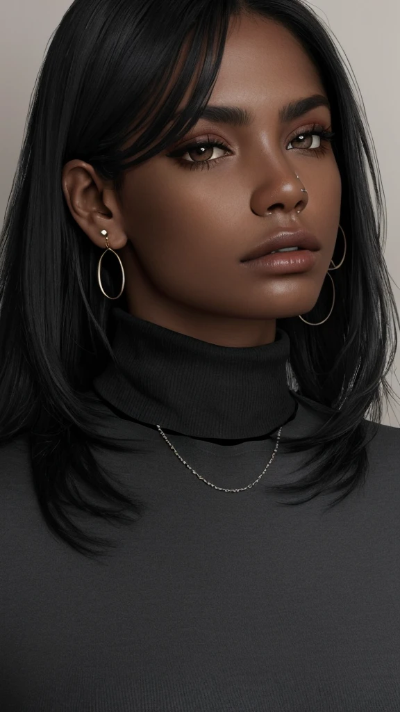 (masterpiece:1.2), (best quality,:1.2), 8k, HDR, ultra detailed, ((photorealistic)), perfect anatomy, professional light, cinematic lighting, fashion photography, ambient lighting,OverallDetail, OverallDetail, fhanddetail:1.4, hairdetail, Havana, earrings, choker, necklace, good hands, ((portrait shot)), long wild and messy (black!) hair, dark skin, turtleneck pullover, epiCPhoto