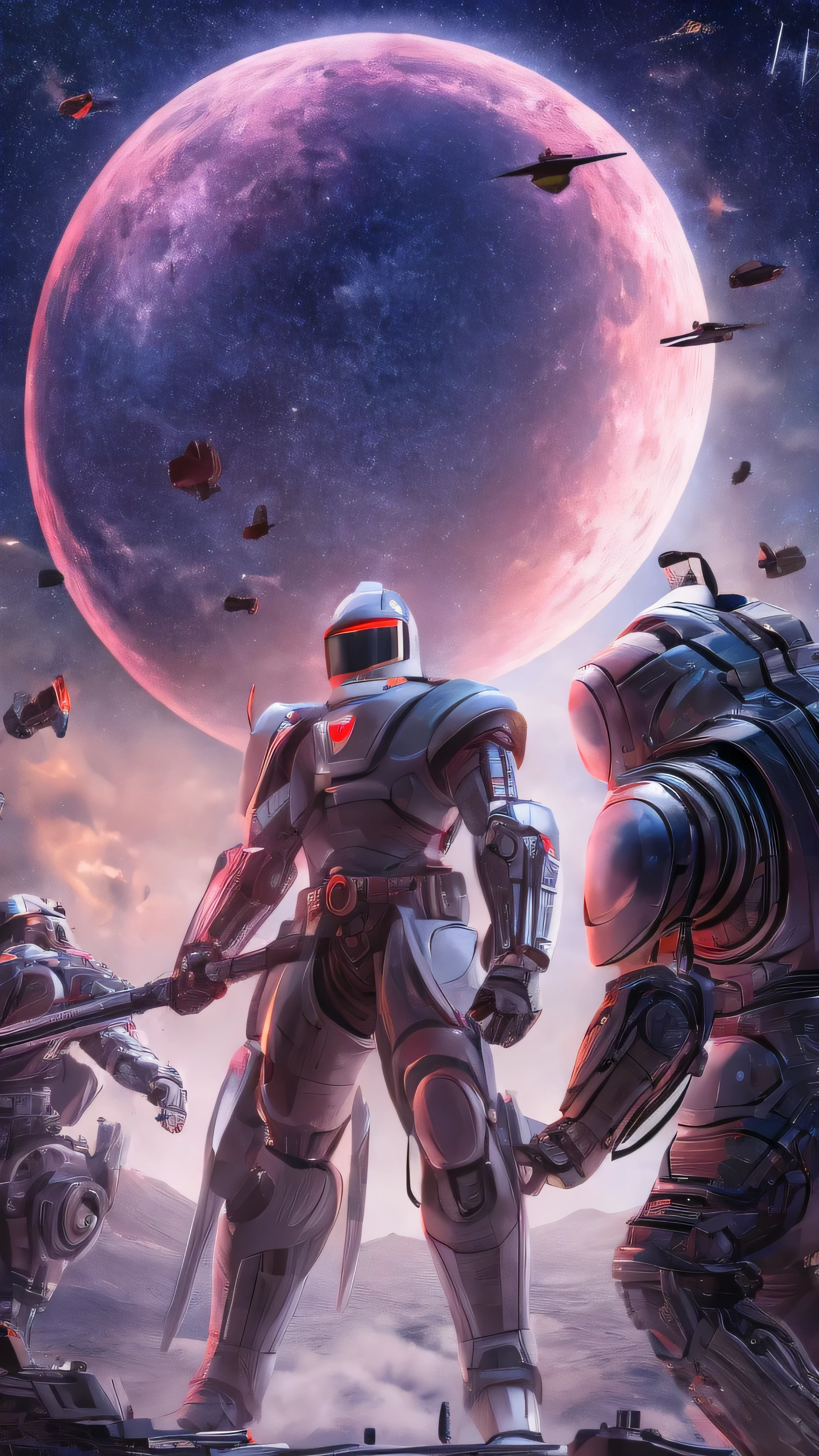  high-definition picture ，masterpiece,  very detailed,  super real ,  detailed background ,  BRIGHT LIGHTING, Daylight,ROBOT KNIGHT IN SPACE , ( A Swordsman fights against bandits in outer space surrounded by stars), (Before the Moon）, (Wide angle),
