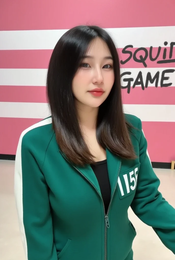 A 25-year-old Korean woman with long hair, a pretty face with clear details, wearing a green Squid Game outfit, green long-sleeved overalls with white stripes. The zipper unzipped, revealing her breasts. On her right chest is the number 156. She stands in a room with pink and white stripes and the text "Squid Game" written in black, contrasting with the pink on the wall.