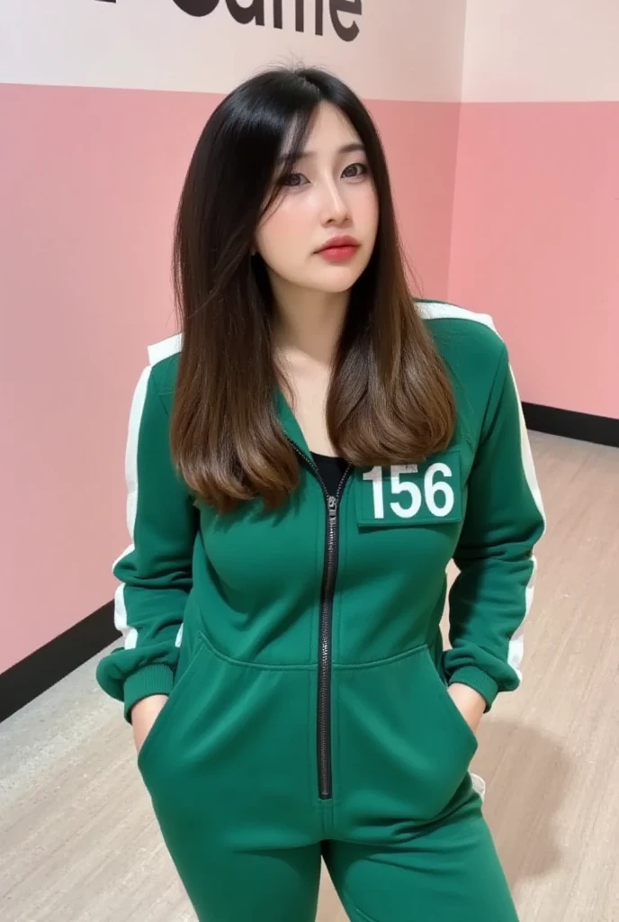 A 25-year-old Korean woman with long hair, a pretty face with clear details, wearing a green Squid Game outfit, green long-sleeved overalls with white stripes. The zipper unzipped, revealing her breasts. On her right chest is the number 156. She stands in a room with pink and white stripes and the text "Squid Game" written in black, contrasting with the pink on the wall.